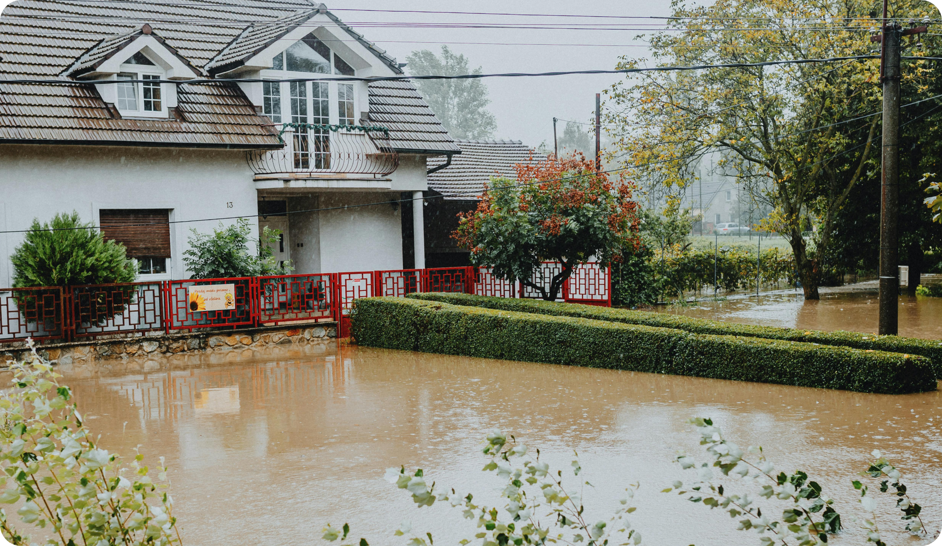 House surrounded by floodwater; brown water laps at hedge and house foundation.