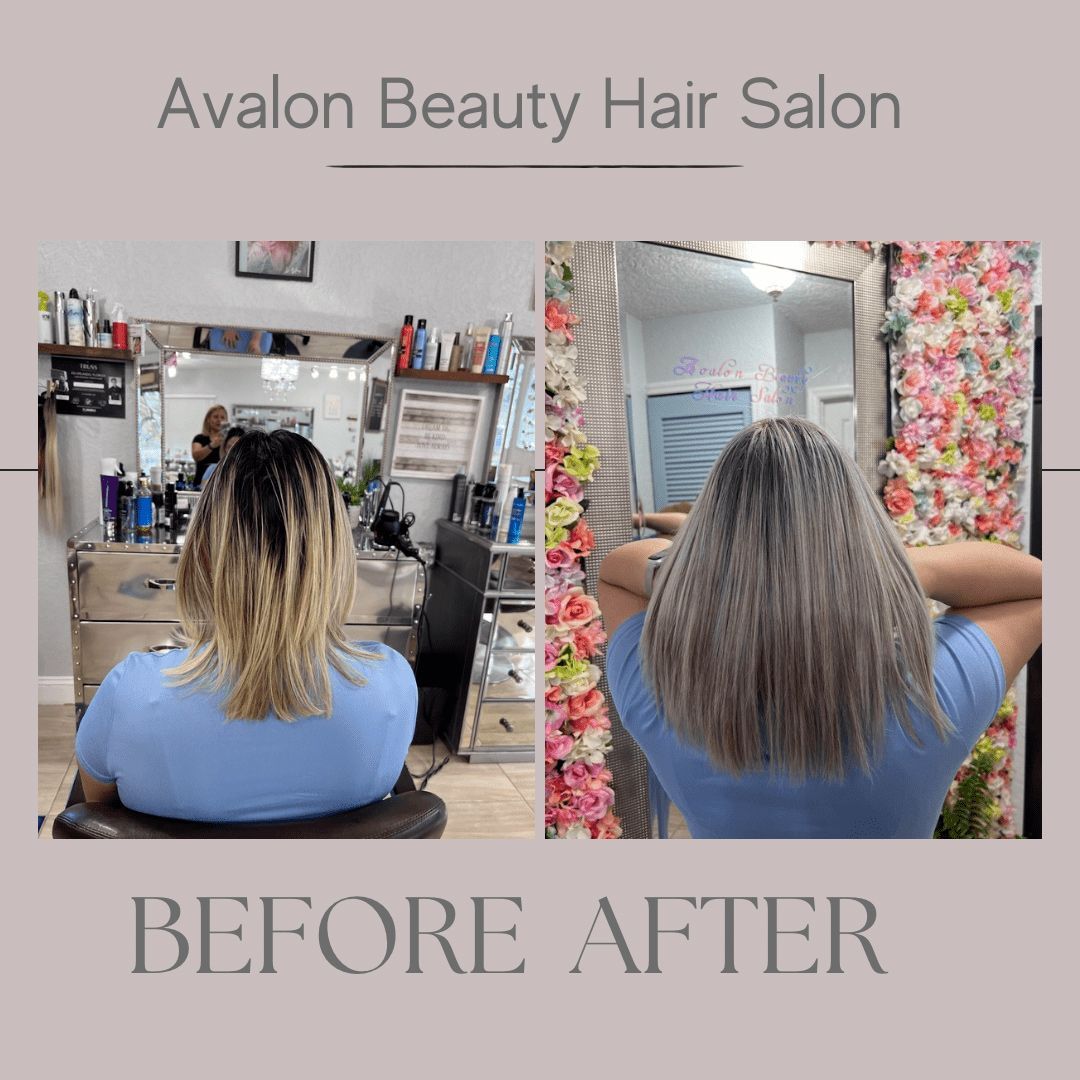 A before and after photo of a woman 's hair at avalon beauty hair salon
