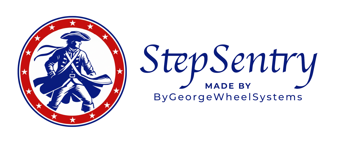 Logo with patriot in red, white and blue circle. Text: StepSentry made by ByGeorgeWheelSystems.