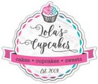 Logo for Lola's Cupcakes: Pink and blue cupcake with script text and