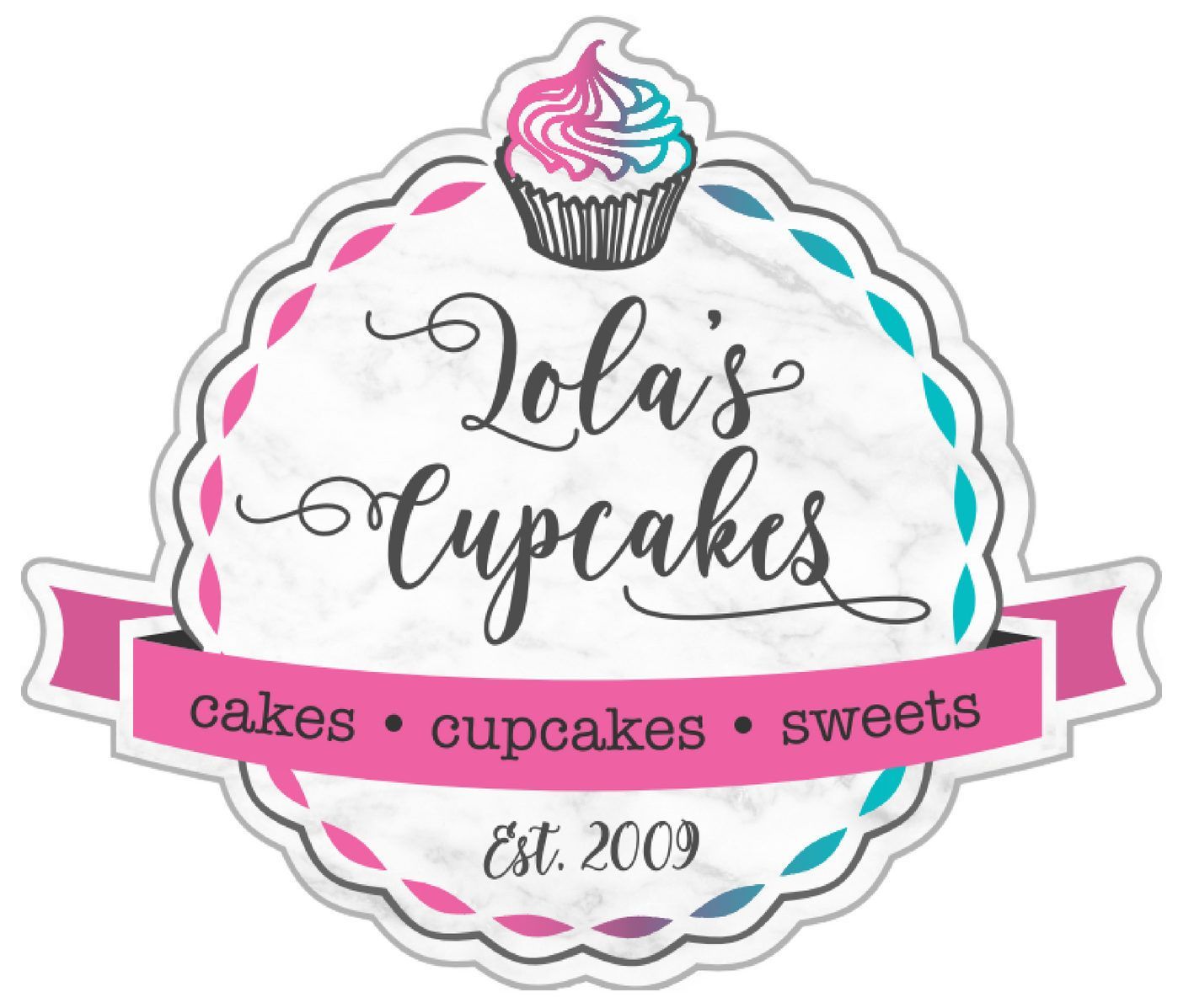 Logo for Lola's Cupcakes: Pink and blue cupcake with script text and 