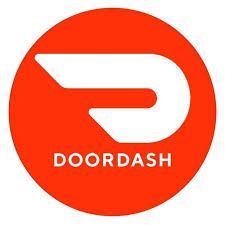 DoorDash logo: white stylized “D” on a red circle with “DOORDASH” below.