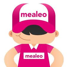 Pink Mealeo delivery mascot logo with a smiling cartoon character in a cap and shirt