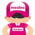 Pink Mealeo delivery mascot logo with a smiling cartoon character in a cap and shirt