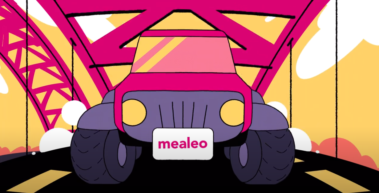 A cartoon of a car with a license plate that says mealeo