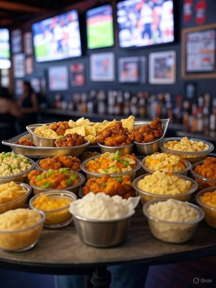 A table topped with bowls of food including macaroni and cheese and chicken wings.