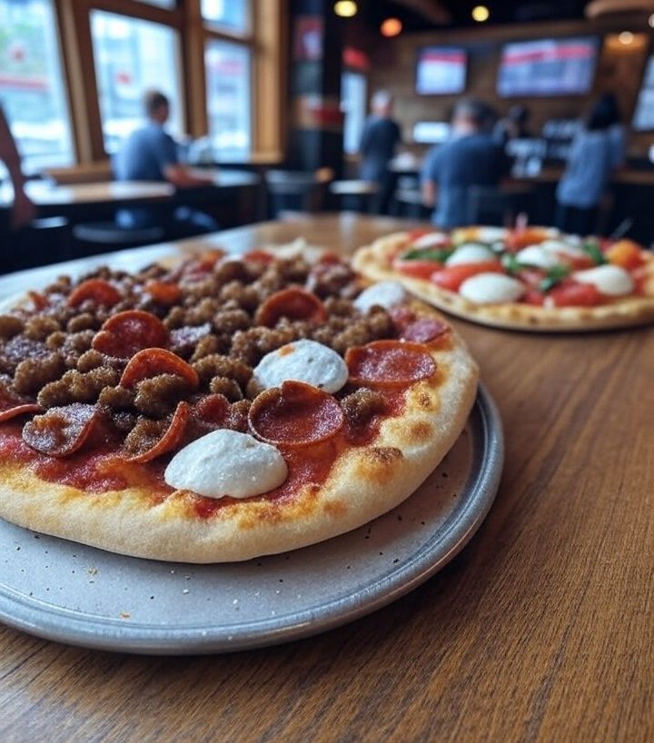 Two pizzas are on a wooden table and one has pepperoni and cheese on it