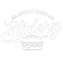 Sliderz All American Sports Bar logo featuring a white burger illustration on black background.