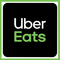 Uber Eats logo on black background, white “Uber” text above green “Eats” text
