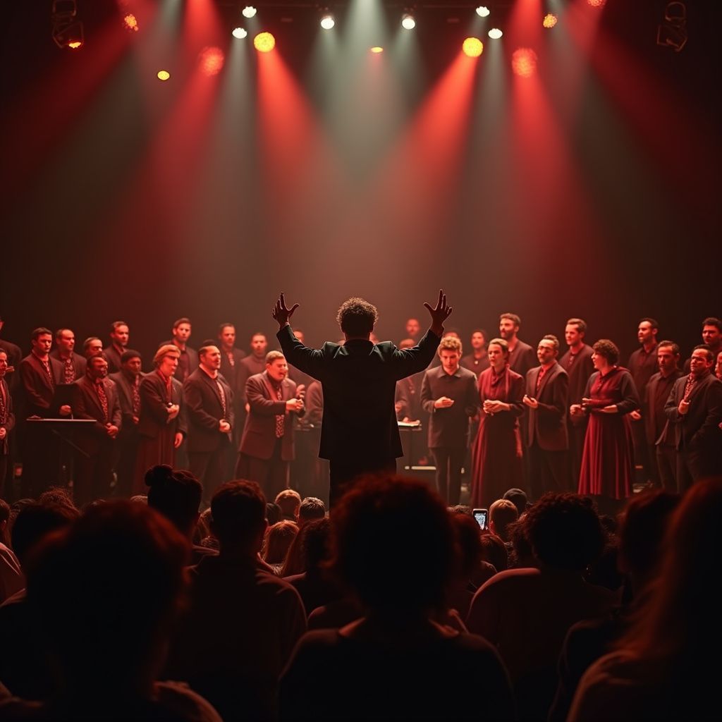 A choir conductor leads a group on stage with red lighting. Audience in foreground.