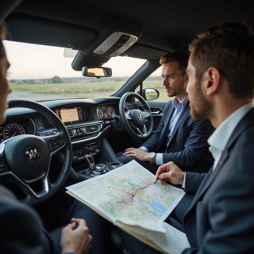Three businessmen in suits inside a car, reviewing a map; one points to a route.