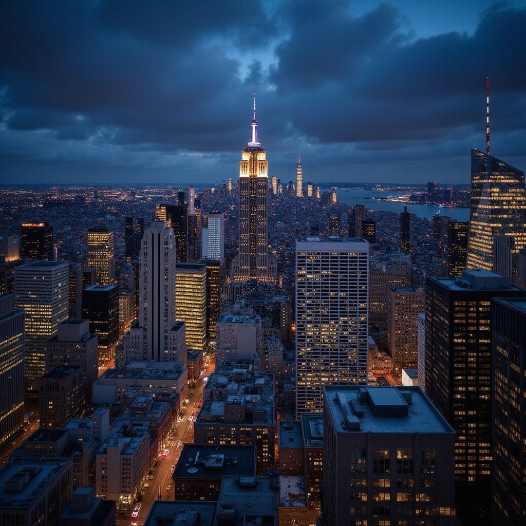 Nighttime view of New York City skyline, illuminated skyscrapers under a cloudy blue sky. Empire State Building prominent.