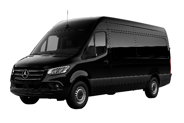 Black Mercedes-Benz Sprinter van, parked at an angle, on a clear day.