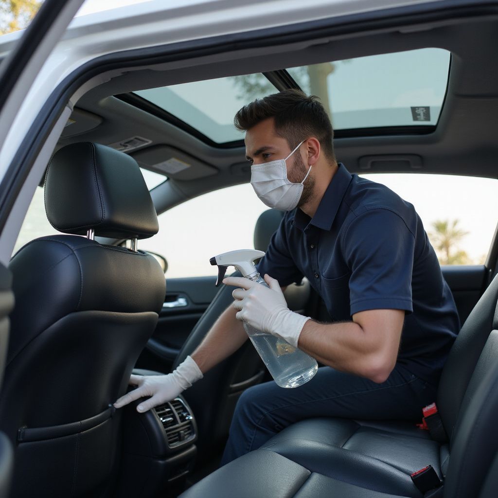Man wearing mask and gloves sanitizing the backseat of a car.