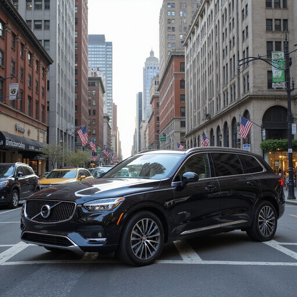 Black Volvo SUV on a city street, buildings line the sides, flags hang, sunlight.