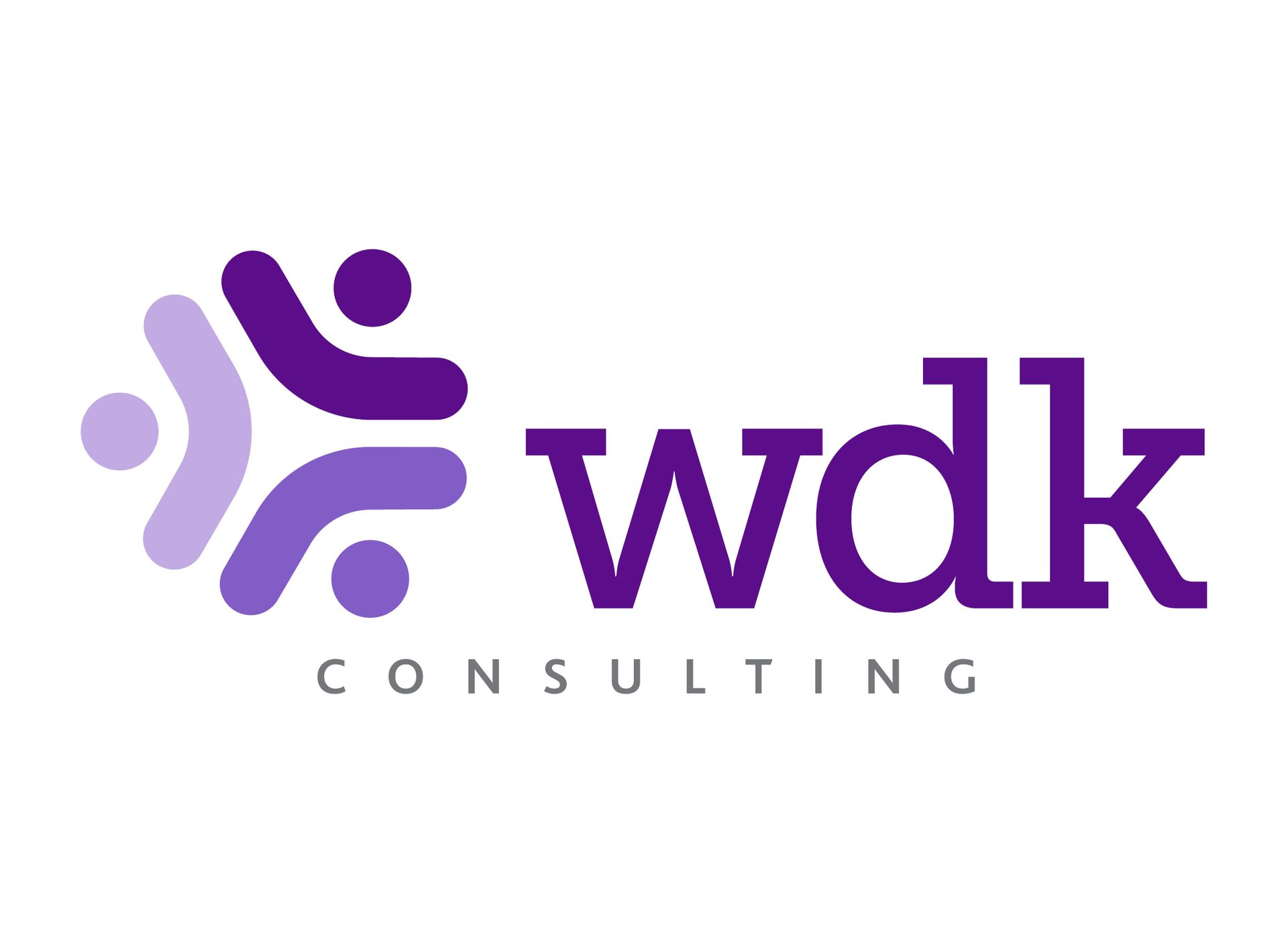 Purple and light purple abstract figures form a group logo, with 