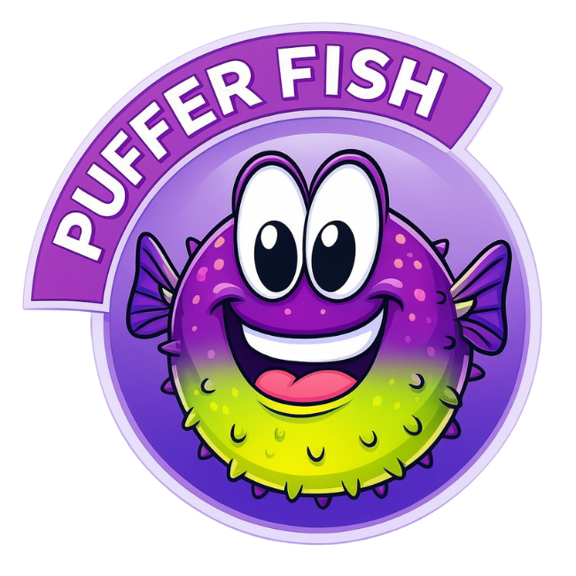 Smiling, cartoon puffer fish, purple and yellow, inside a purple emblem,