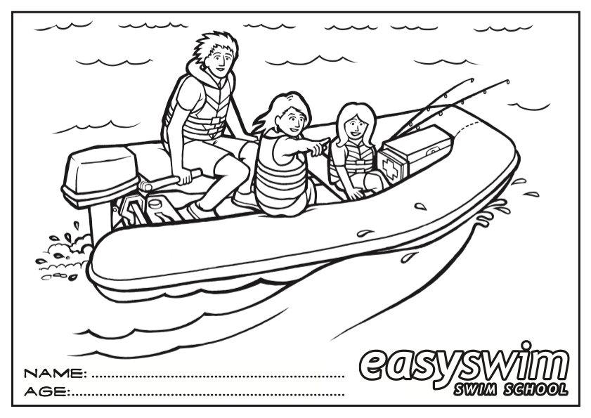 Three people in a motorboat on the water, fishing, smiling. The logo of