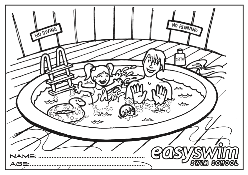 A child and adult in a shallow pool, smiling, with