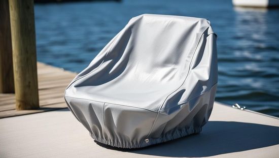 Sedia coperta su un molo soleggiato in riva all'acqua e pali di legno.