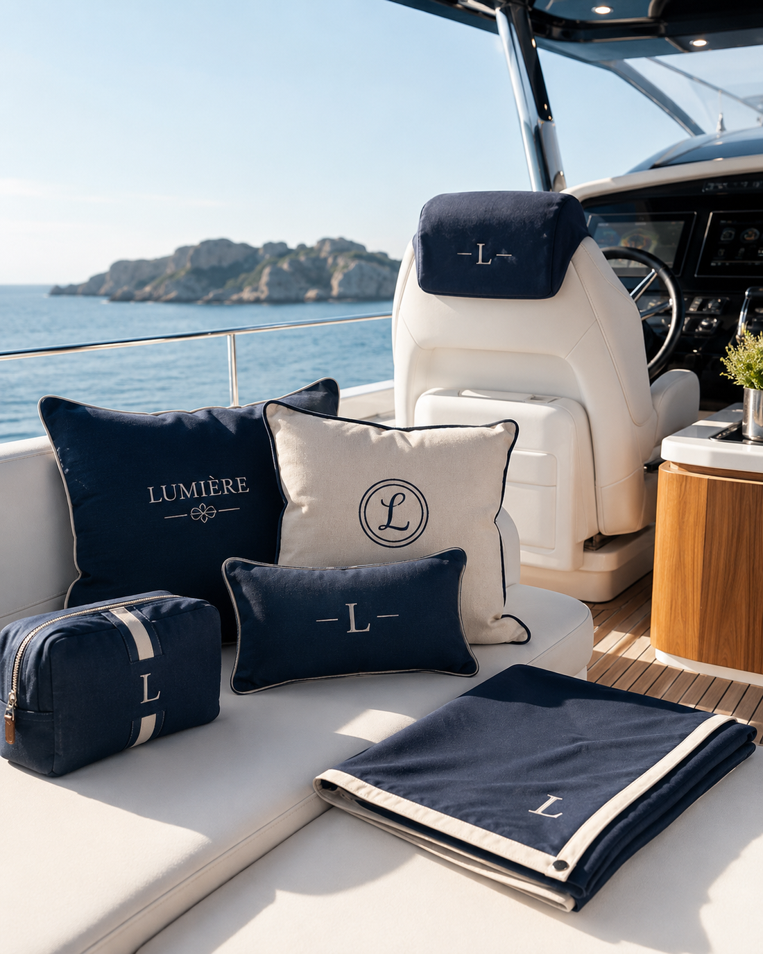 Lussuose sedute blu e bianche su un ponte di yacht in riva al mare, con cuscini e plaid firmati.