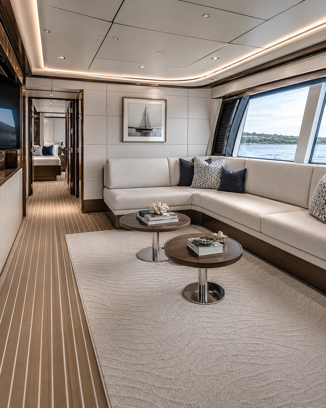 Salone moderno per yacht con divano componibile beige, tavolini rotondi e ampie finestre con vista sull'oceano.