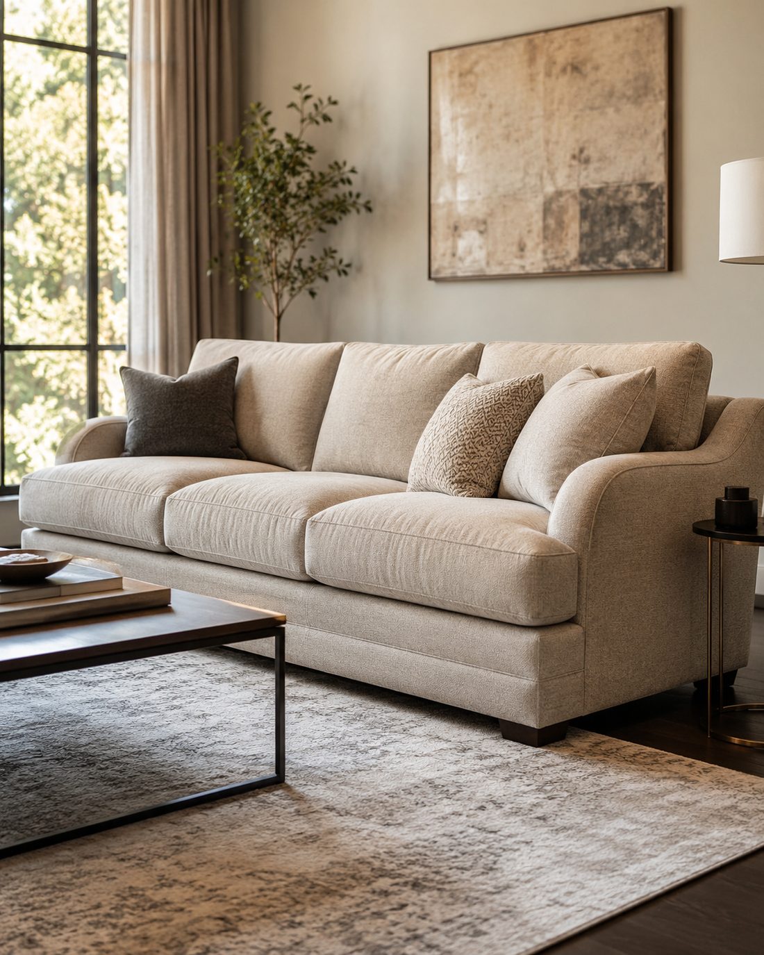 Accogliente divano beige in un luminoso soggiorno con tappeto, tavolino da caffè e quadri alle pareti.