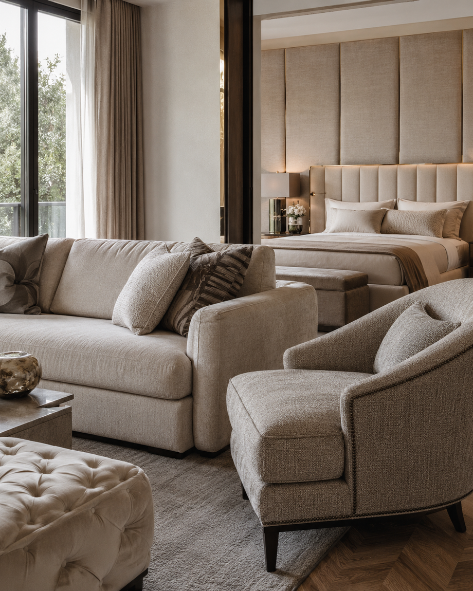 Elegante soggiorno beige con divano, poltrona, pouf trapuntato e un letto visibile attraverso una porta aperta.