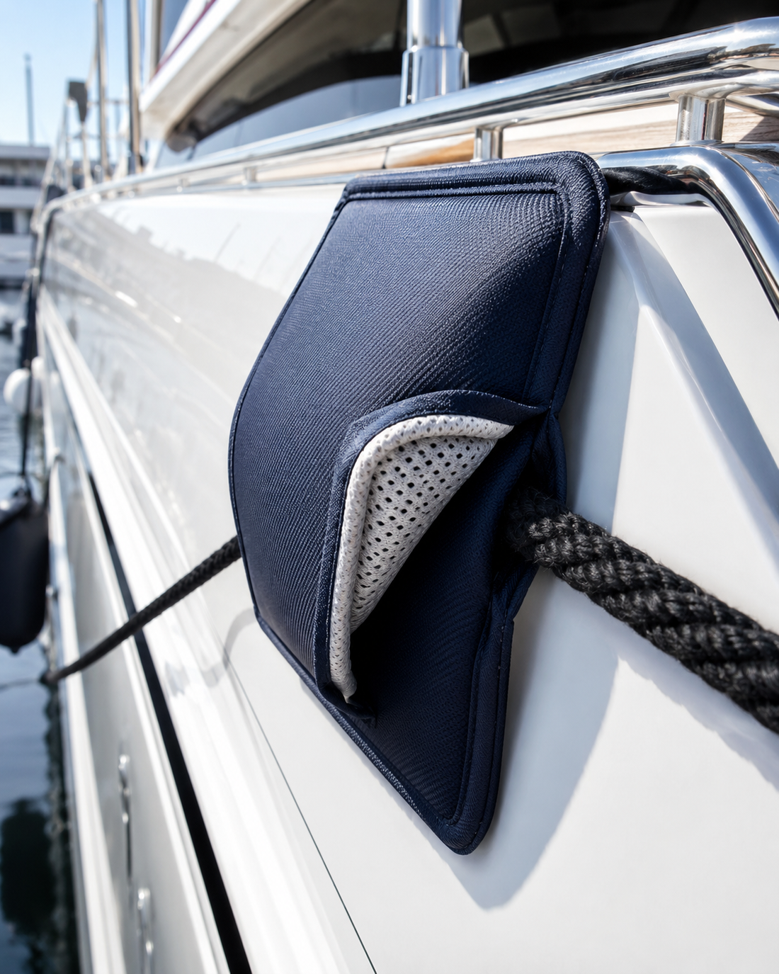 Primo piano di un parabordi blu scuro montato sullo scafo bianco di uno yacht con una corda nera.