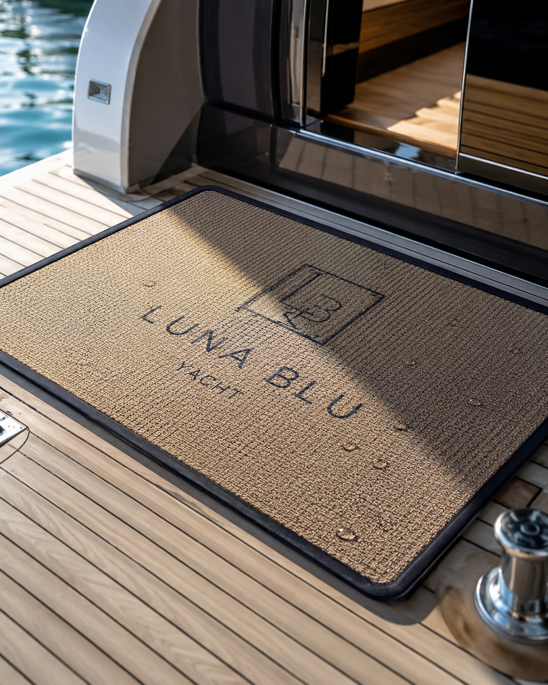 Zerbino in fibra di cocco con logo e testo all'ingresso della cabina di una barca o di uno yacht su un ponte in legno.
