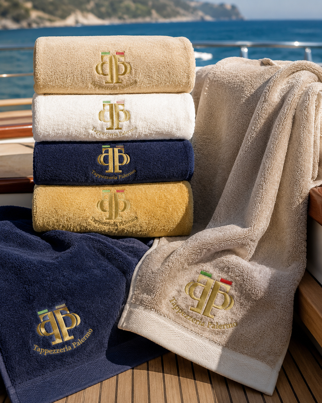 Asciugamani monogrammati impilati nei colori crema, bianco, blu navy e oro su una panchina in riva al mare.