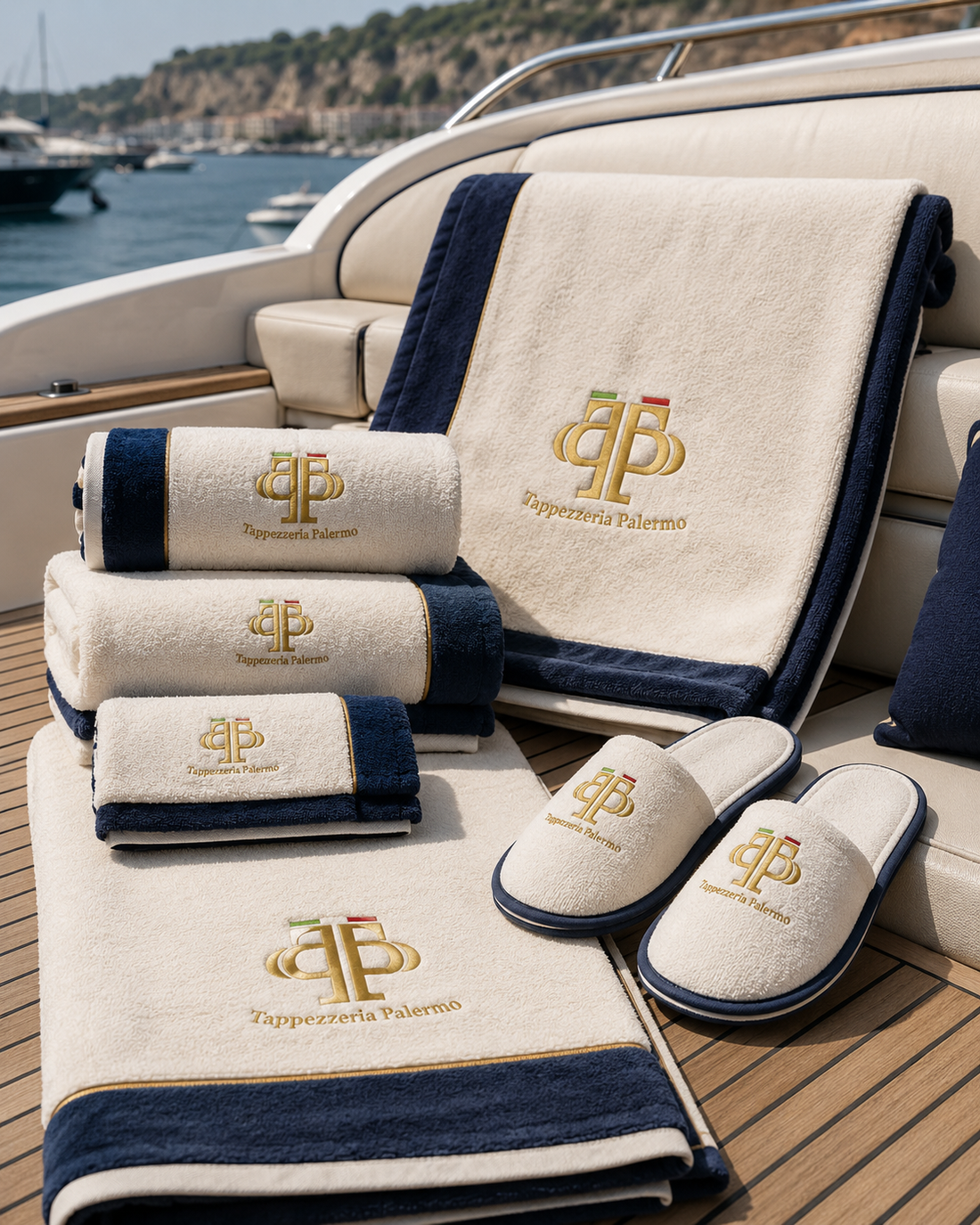 Lussuosi asciugamani e pantofole da spa color crema e blu navy disposti sul ponte di uno yacht in riva al mare.