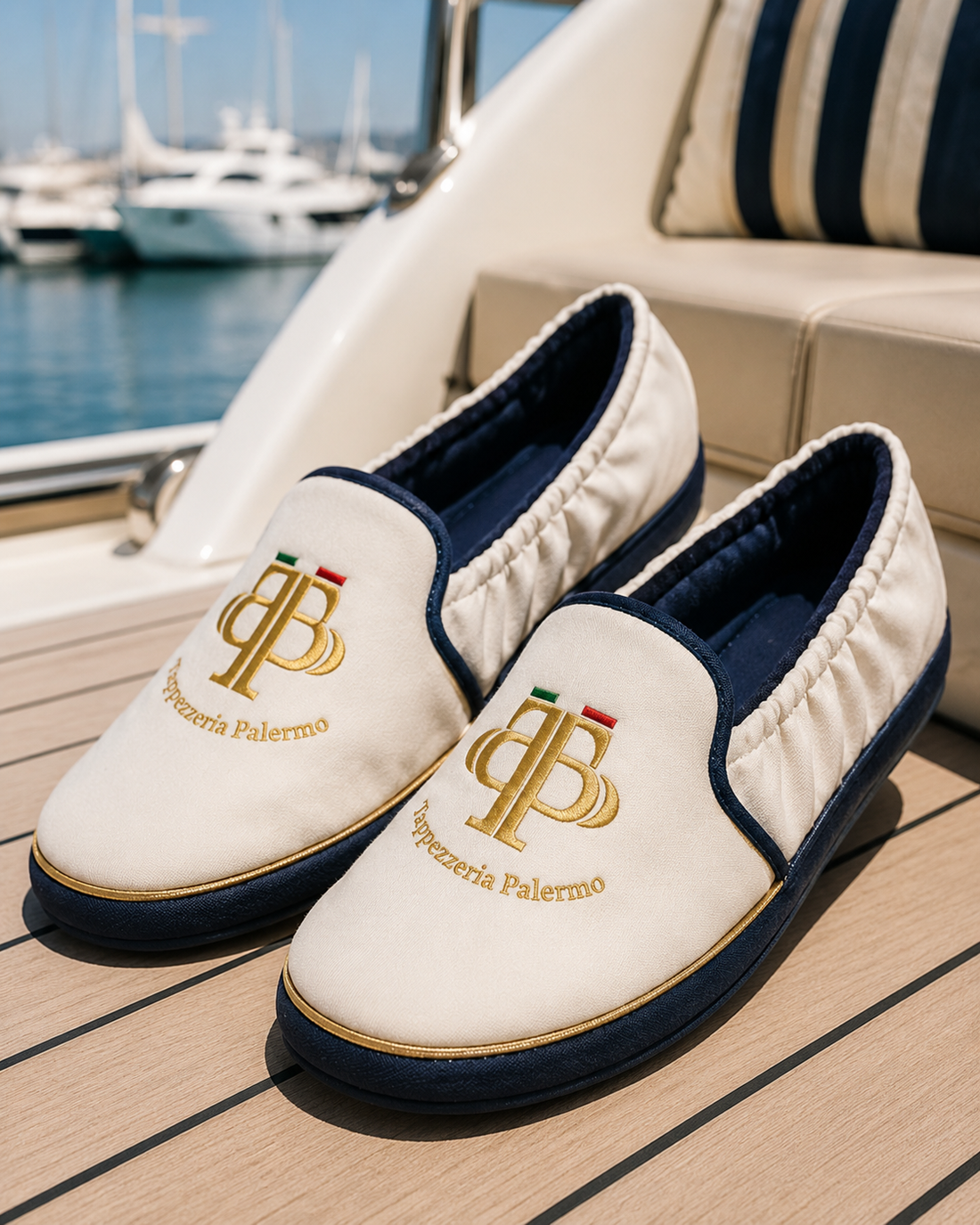 Scarpe da barca bianche ricamate sul ponte di uno yacht con un porto turistico e barche a vela sullo sfondo.