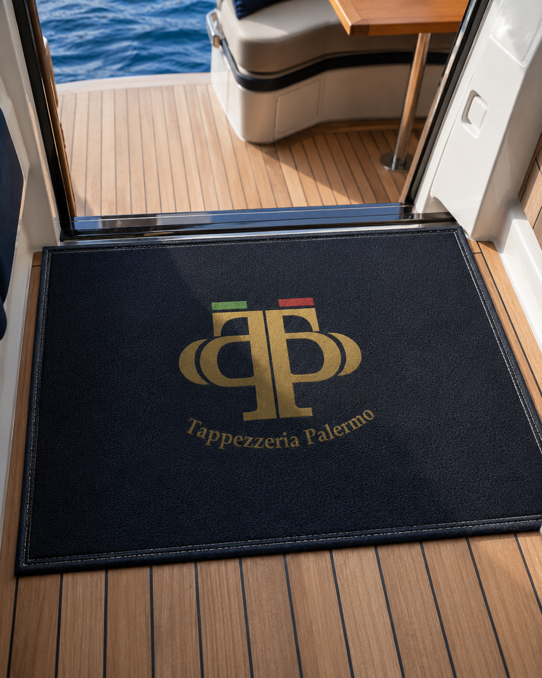 Zerbino nero di benvenuto sullo yacht, sul ponte in teak all'ingresso della cabina, con logo dorato e oceano blu sullo sfondo.