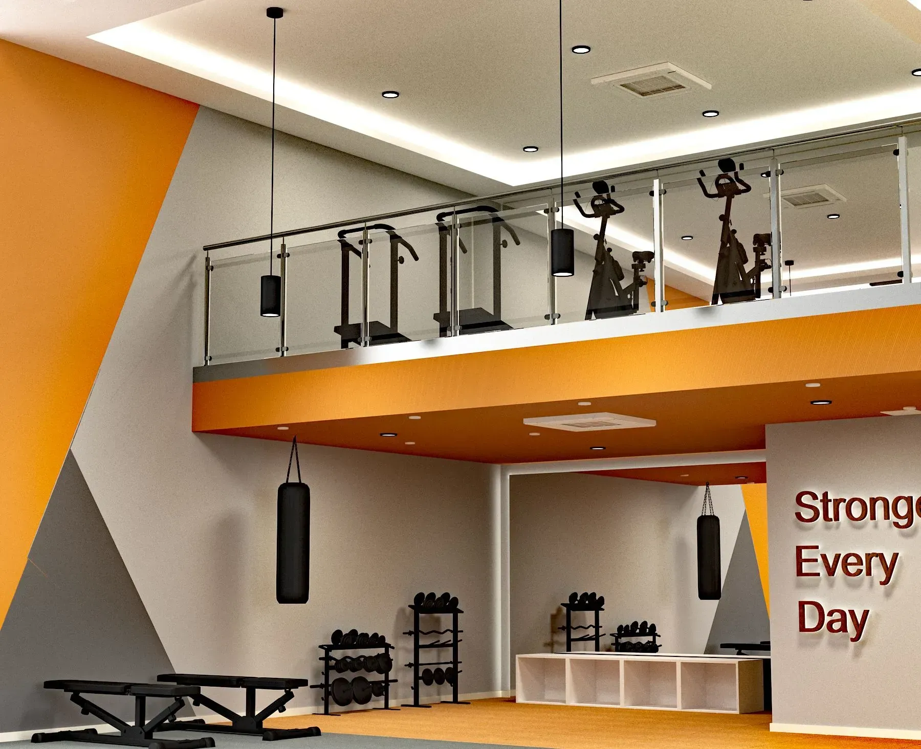 Digital rendering of an area in the fitness center that overlooks the rest of the fitness center