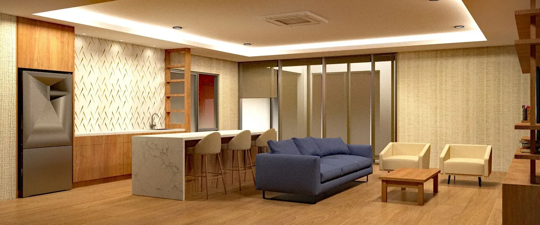 Digital rendering of a resident lounge with various places to sit