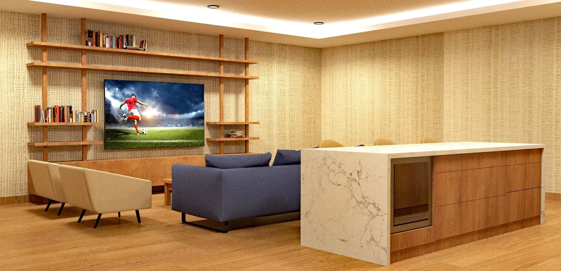 Digital rendering of the resident lounge showing seating and a tv
