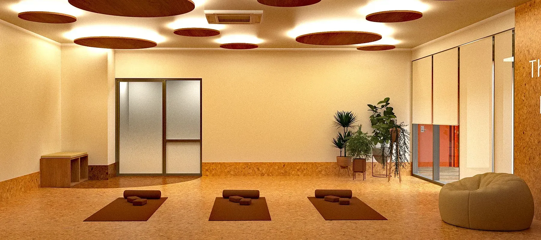 Digital rendering of a yoga room with three yoga mats laid out