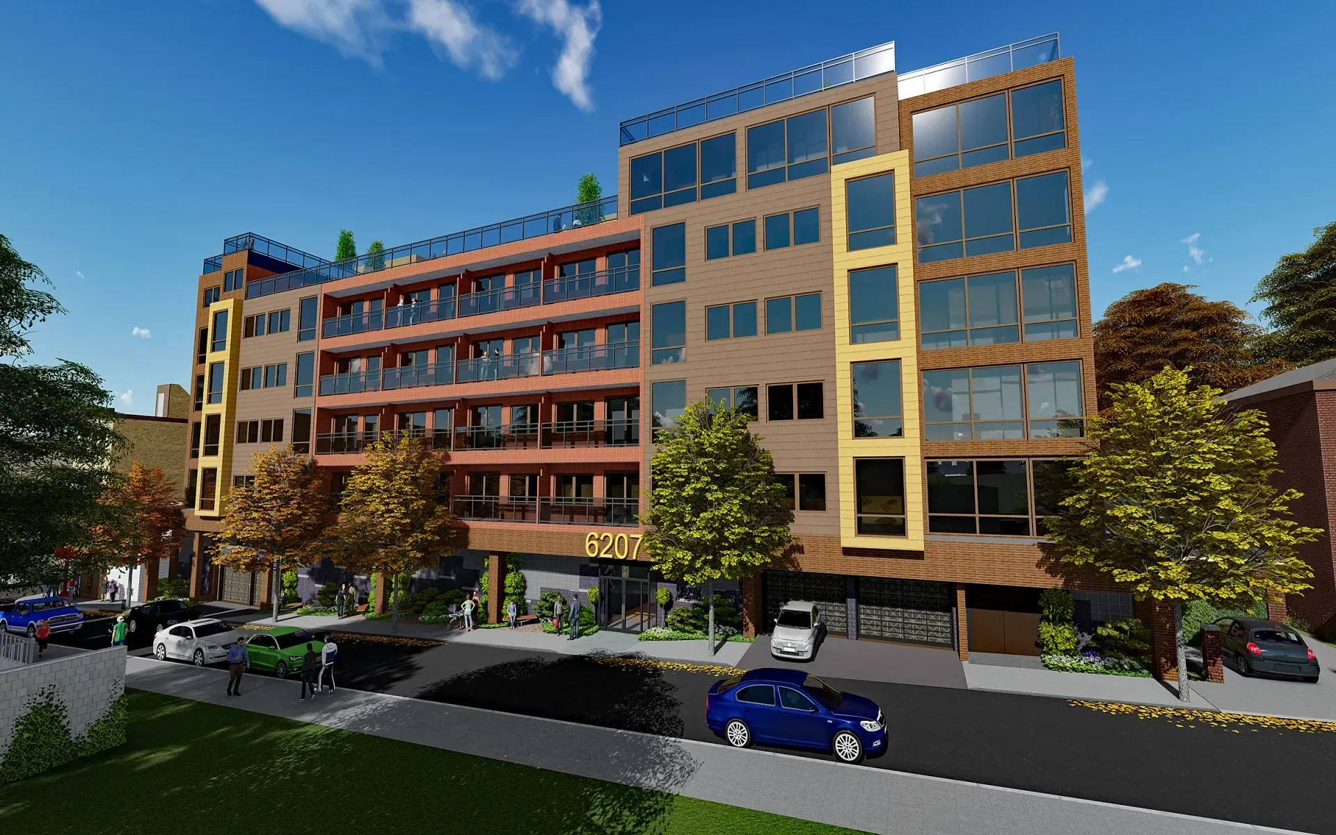 Digital rendering of a multi-story building