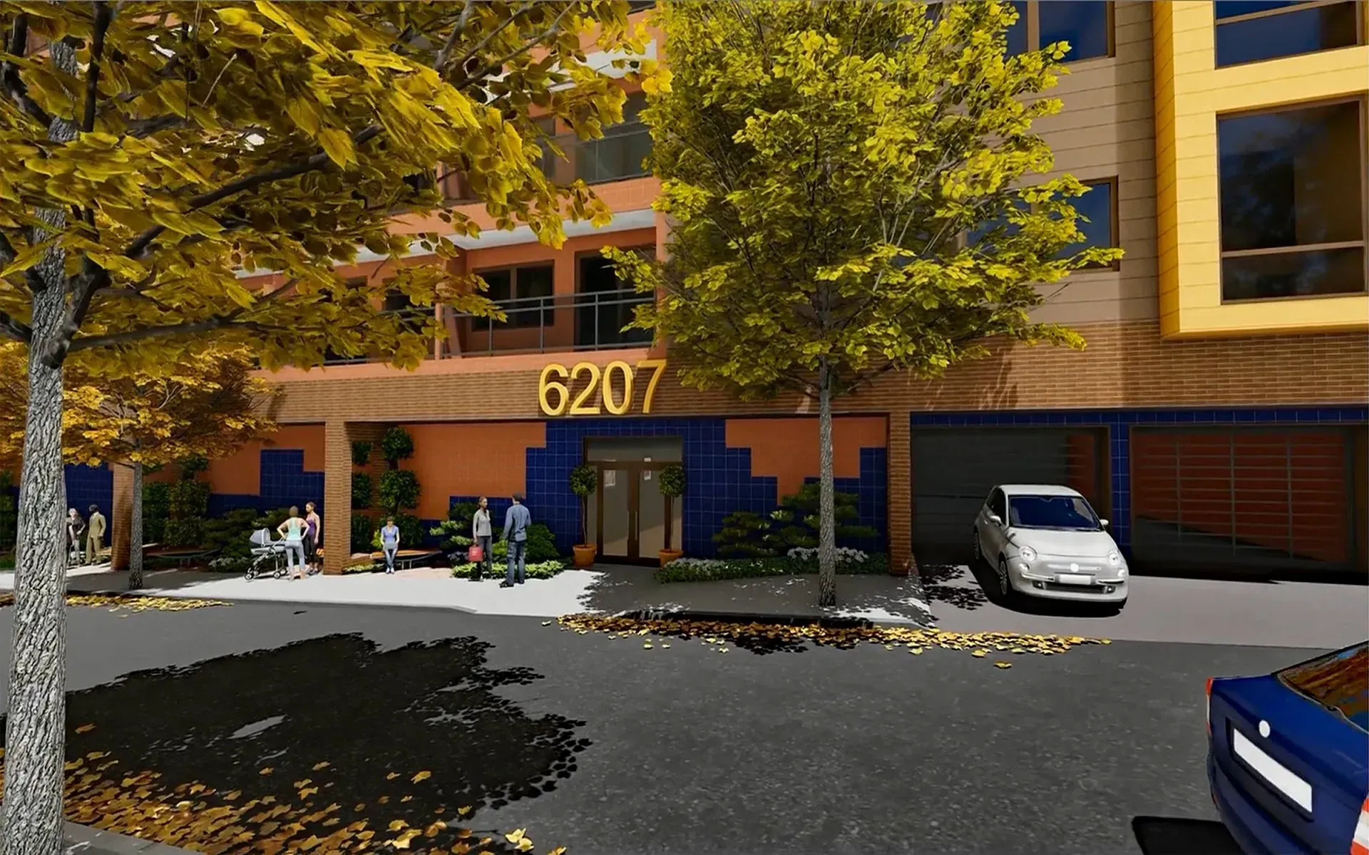 Digital rendering of the entrance to a building