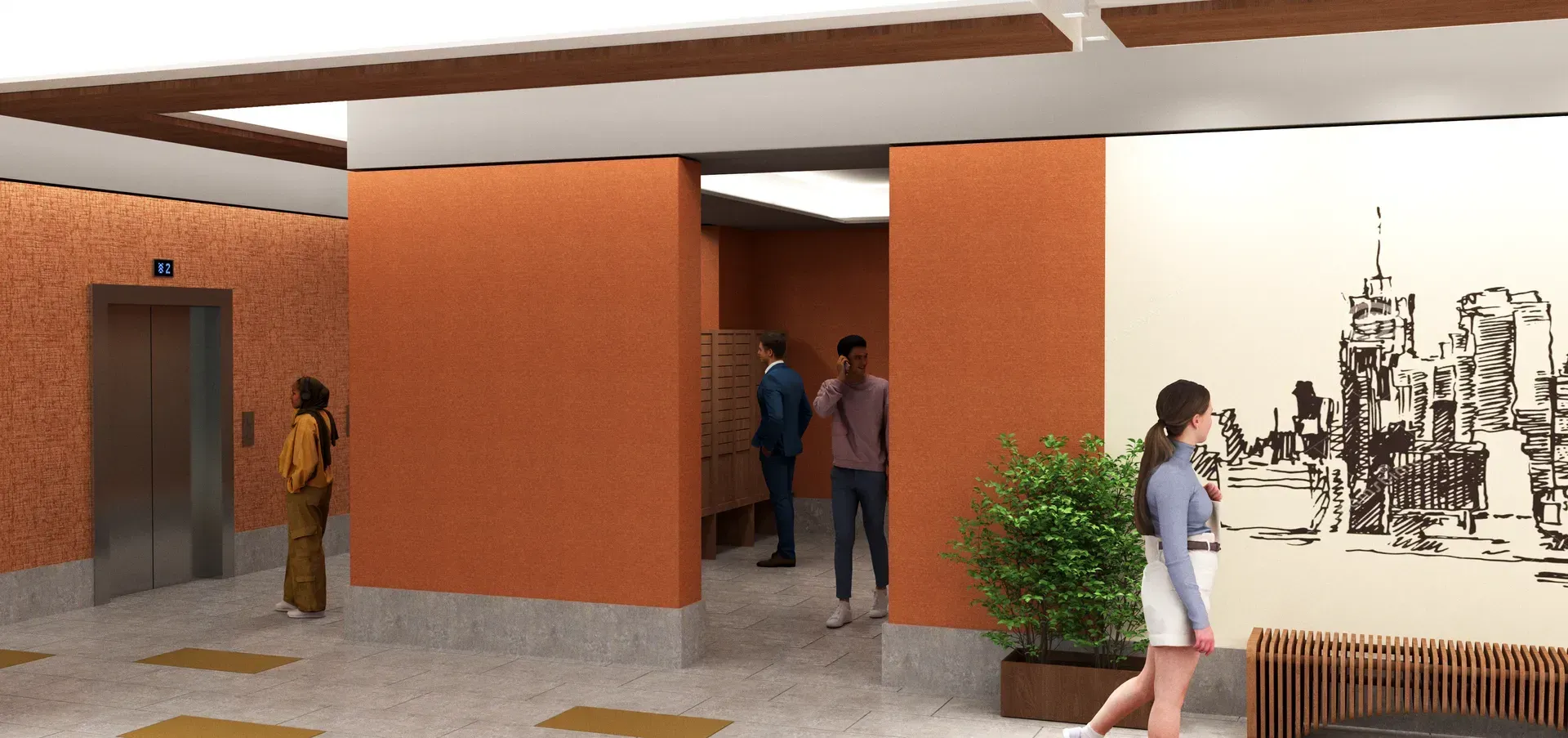 Digital rendering of the lobby, elevator landing and mailboxes