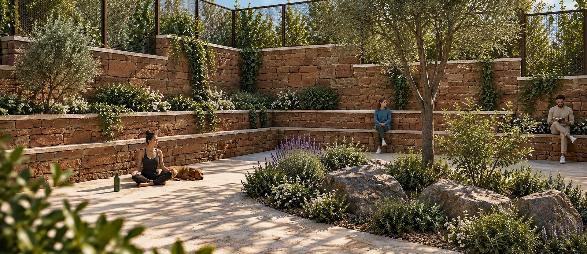 Digital rendering of a rooftop garden with layering of brick and places to sit