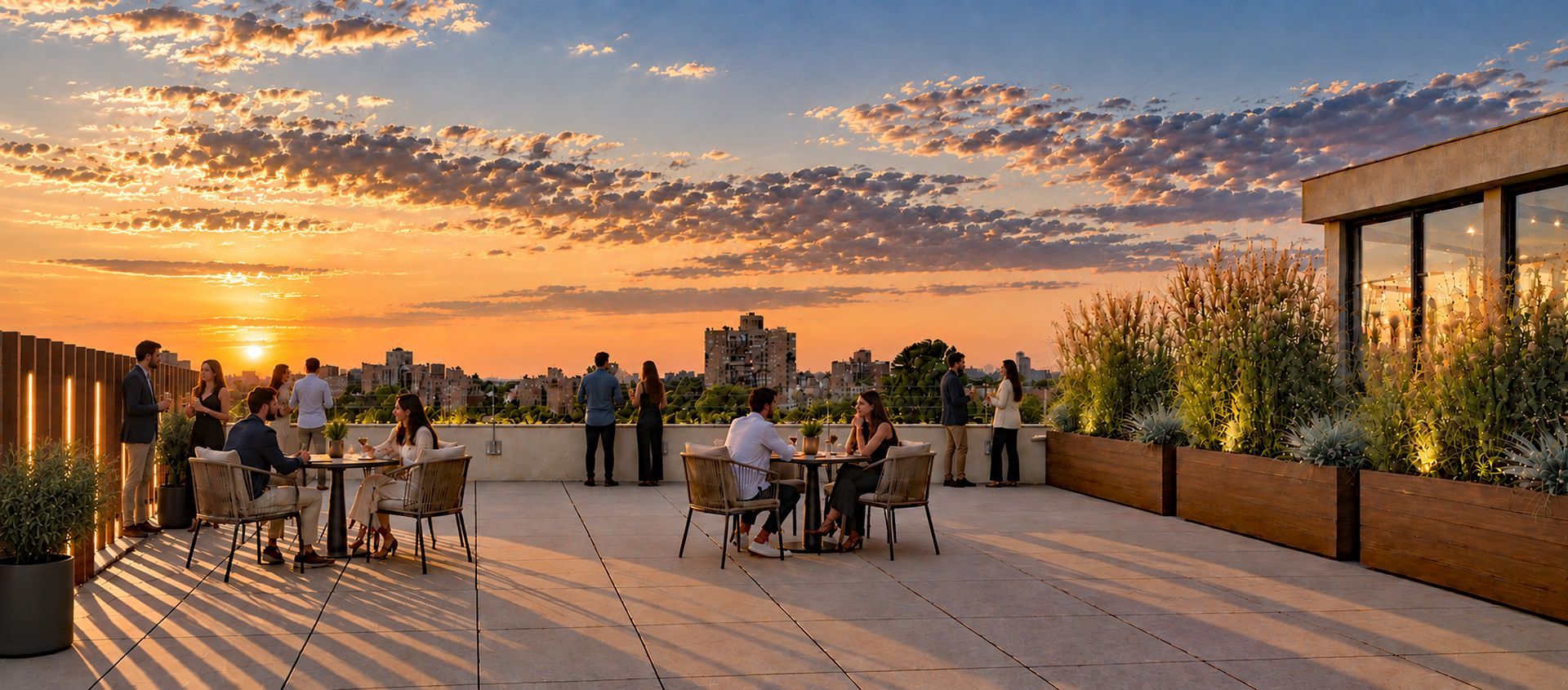 Digital rendering of a rooftop terrace at sunset