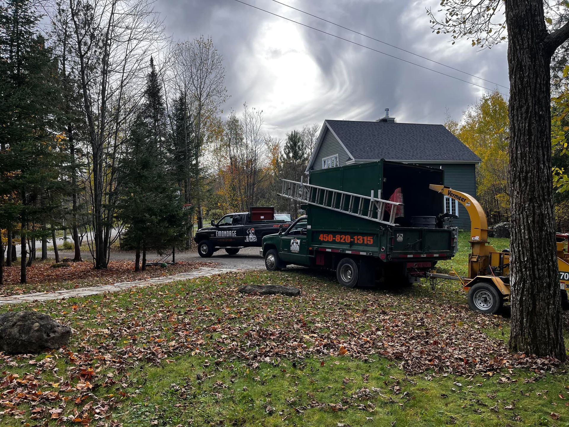 Trucks and chipper on a grassy lawn with fall leaves; house in the background.