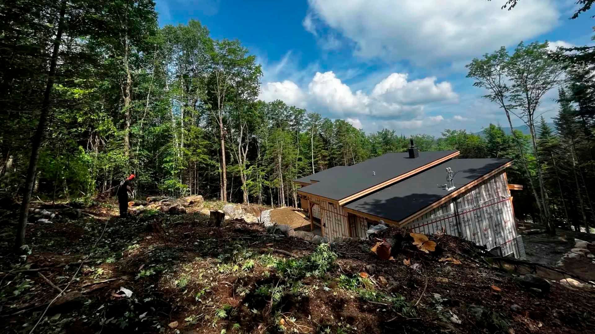 Cabane nichée dans une clairière, toit sombre, paysage partiellement défriché, personne à gauche regardant vers la cabane.