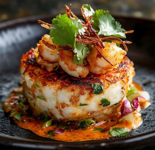 Seared scallop stack with shrimp, herbs, and sauce on a dark plate.