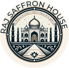 Raj Saffron House logo: Taj Mahal illustration in a circular frame, with text.