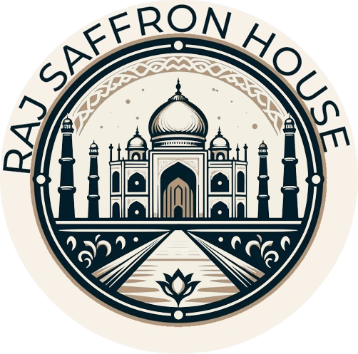 Raj Saffron House logo: Taj Mahal illustration in a circular frame, with text.