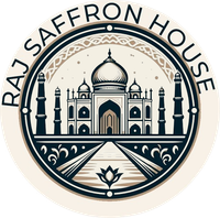 Raj Saffron House logo: Taj Mahal illustration in a circular frame, with text.