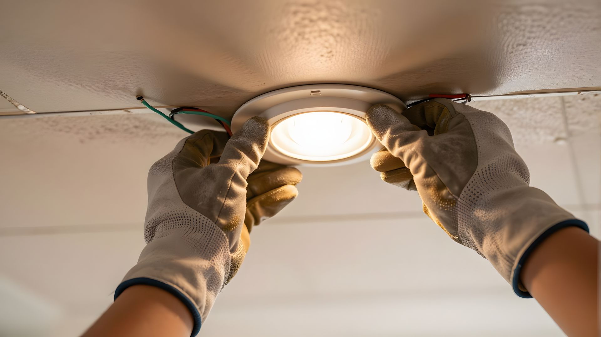 Gloved hands installing a recessed ceiling light with exposed wires